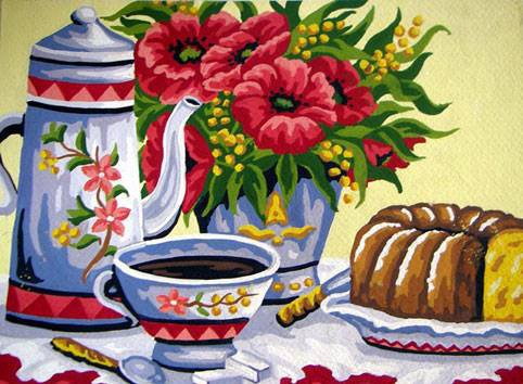 Утренний чай - чай, цветы, торт, наюрморт - оригинал