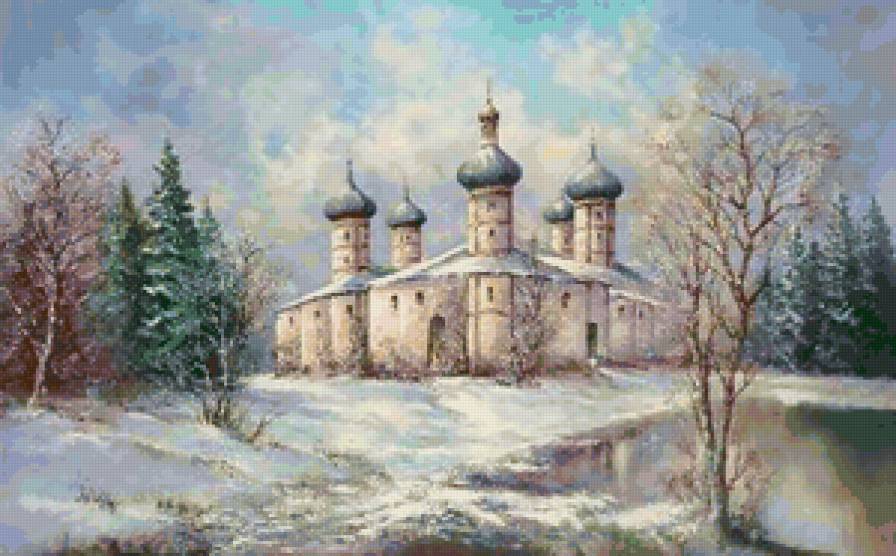 Храм - живопись, снег, архитектура, картина, храм, пейзаж, зима - предпросмотр
