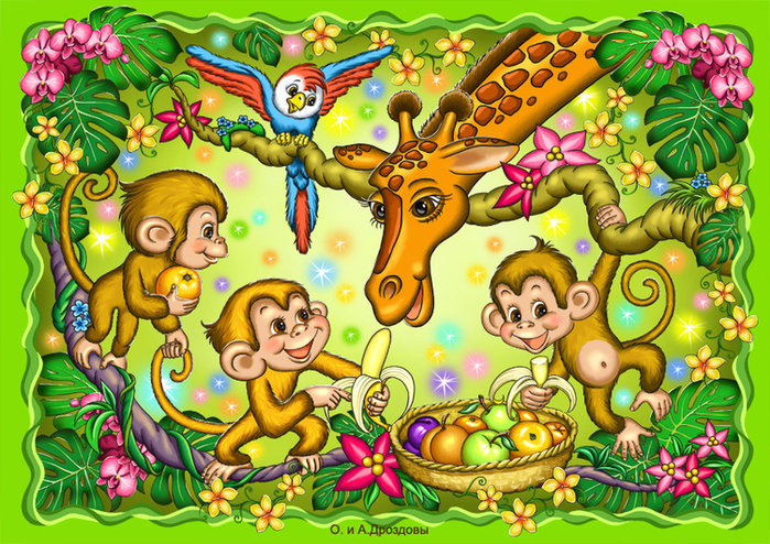 джунгли - мультяшки, попугаи, африка, зверята, жираф, детям, обезьянки - оригинал