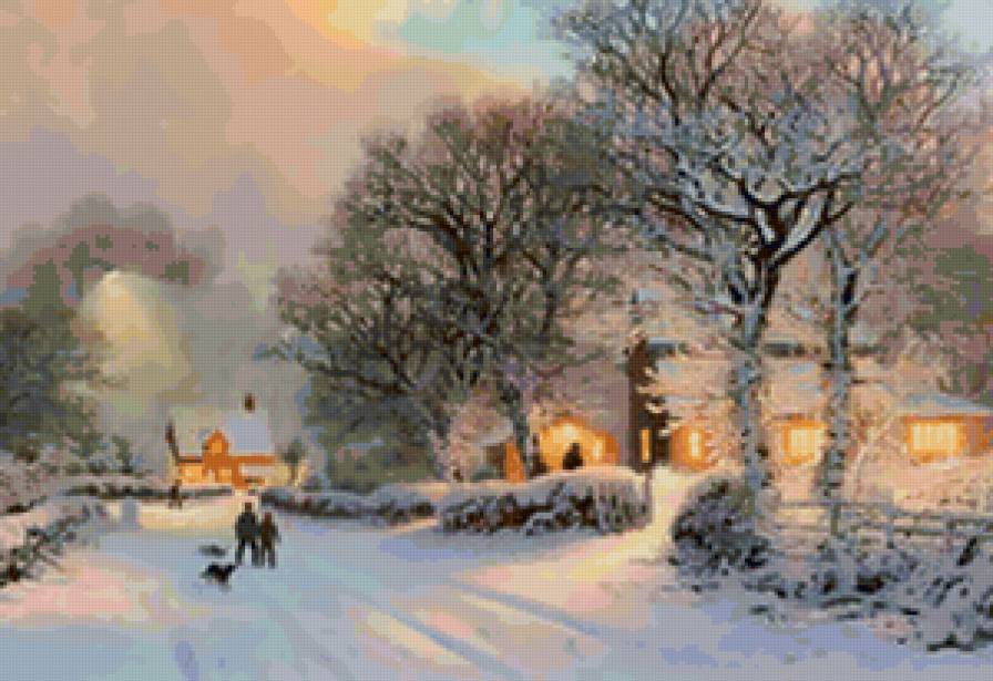 зимний вечер - вечер, пейзаж, улица, дома, деревья, зима - предпросмотр
