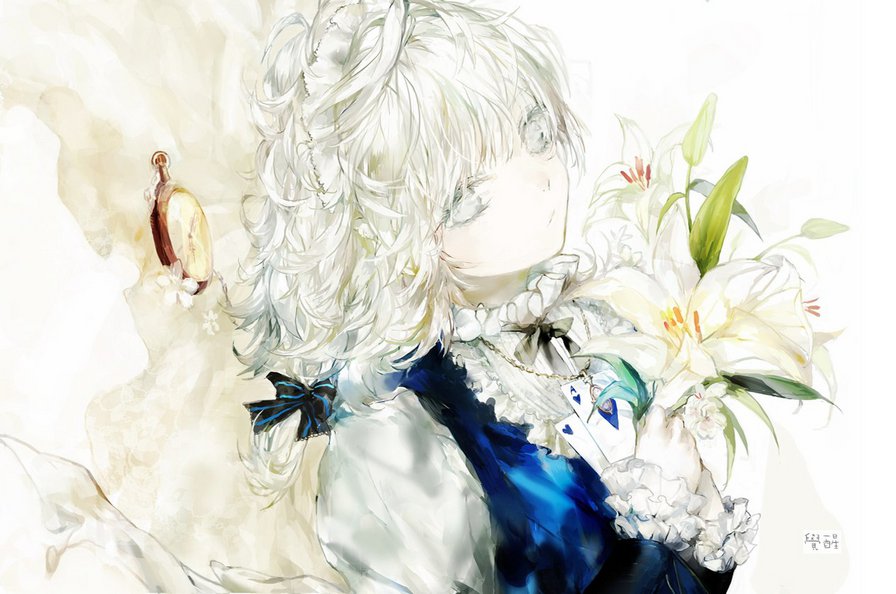 С лилиями - аниме, человек, девушка, цветы, лилии - оригинал