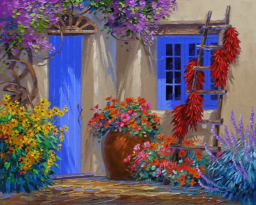 садик - цветы, дверь, окно - оригинал