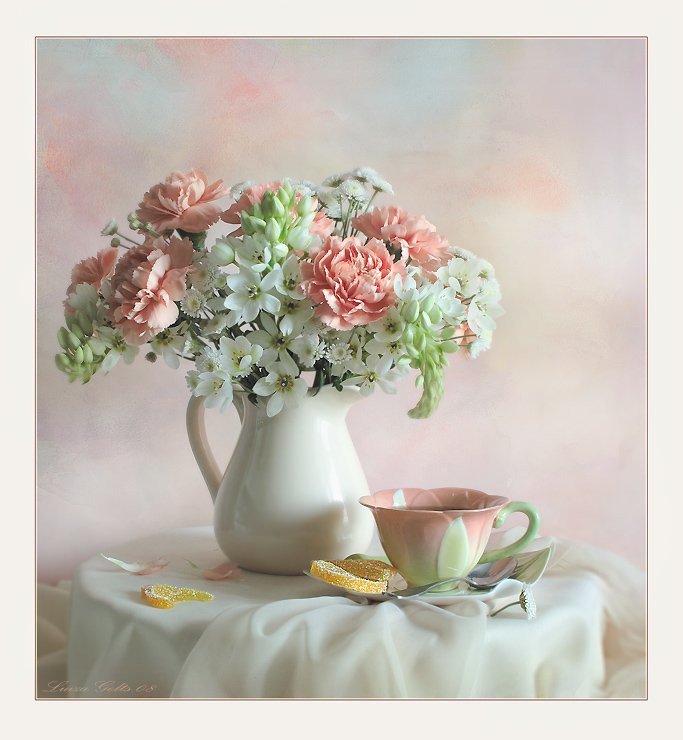утренний букет - цветы, букет, натюрморт, чашка - оригинал