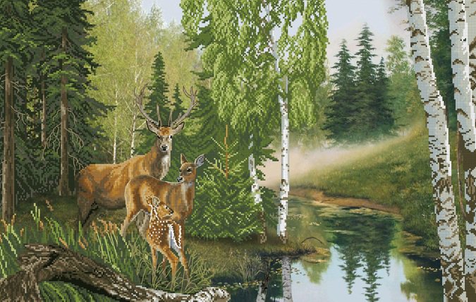 Олени у ручья - природа, ручей, олени, пейзаж, лес, животные - оригинал