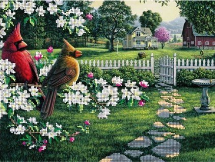 Цветущий сад - природа, птицы, улица, сад, дом - оригинал