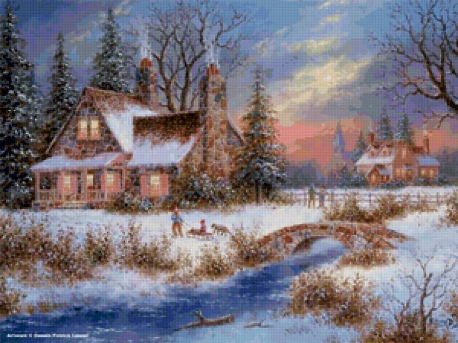 Серия "Пейзажи" - зима, домик, пейзаж, люди, река - предпросмотр