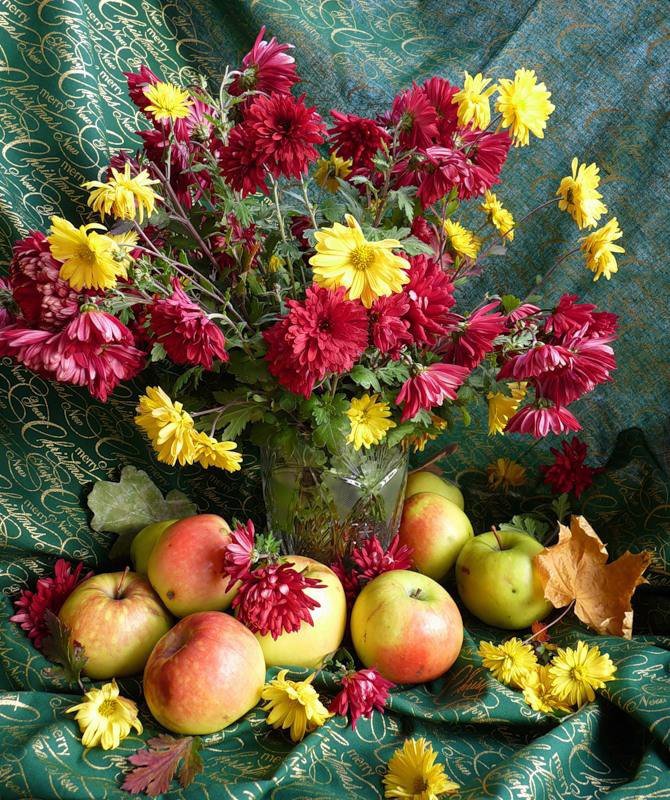 №42860 - натюрморт, цветы, букет, яблоки - оригинал