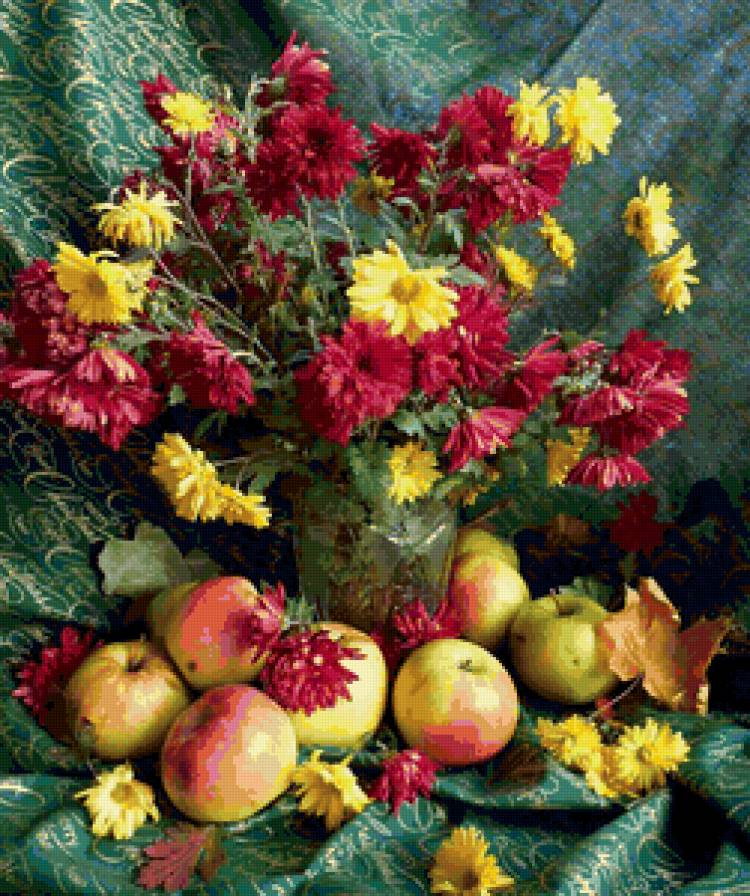 №42860 - яблоки, натюрморт, букет, цветы - предпросмотр