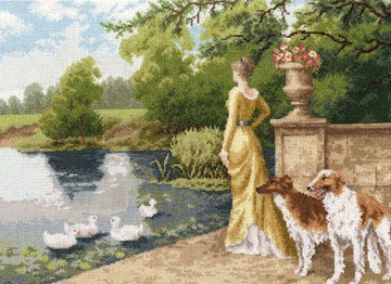 У пруда - озеро, природа, собаки, дама, парк, пейзаж, сквер, картина, пруд - оригинал