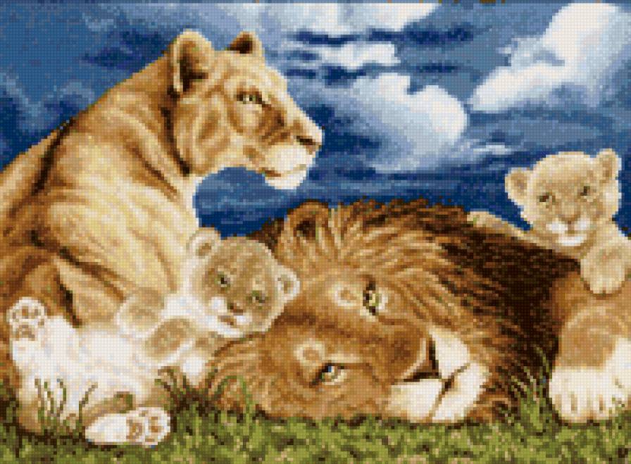 Львиная семья - лев, львица, семья, животные, львята, природа - предпросмотр
