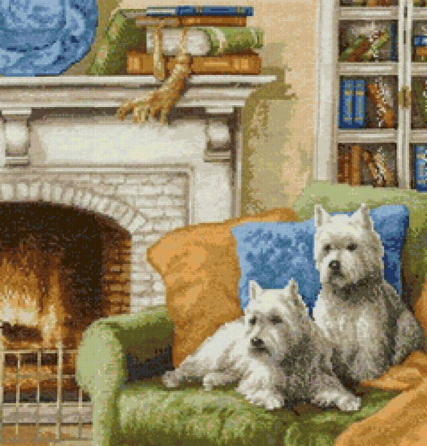 У камина - собаки, камин, животные, дом, гостиная - предпросмотр