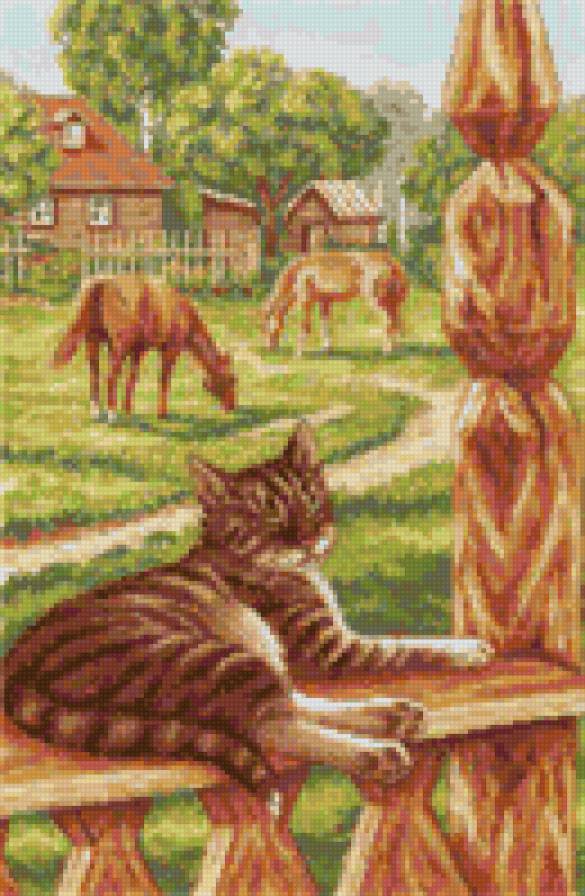 Летний полдень - лошади, природа, кот, на крыльце, деревня - предпросмотр