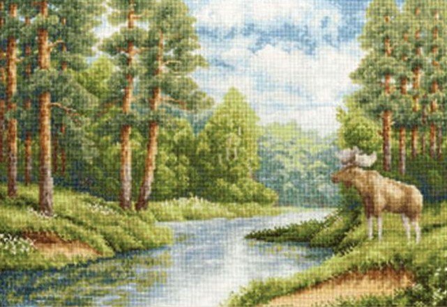 На берегу - лето, лес, пейзаж, природа, река, лось, картина - оригинал