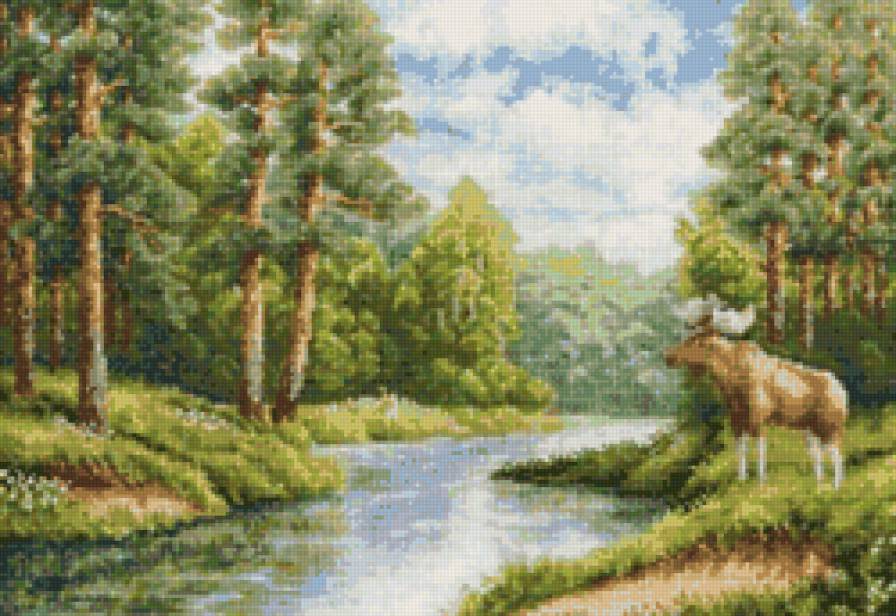 На берегу - лес, природа, пейзаж, лось, река, лето, картина - предпросмотр