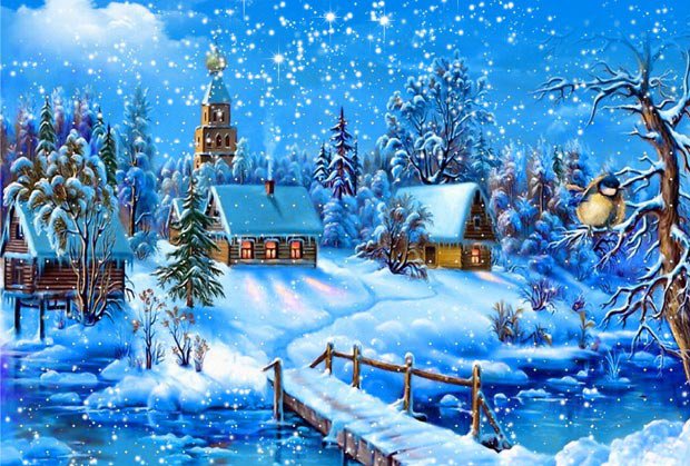 зима - домики, природа, пейзаж, картина - оригинал