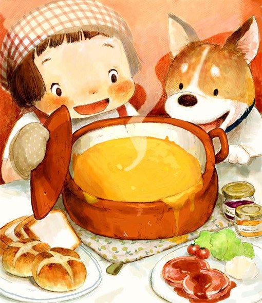 Трапеза - кастрюля, продукты, двое, друзья, суп, девочка, еда, собака, пес - оригинал