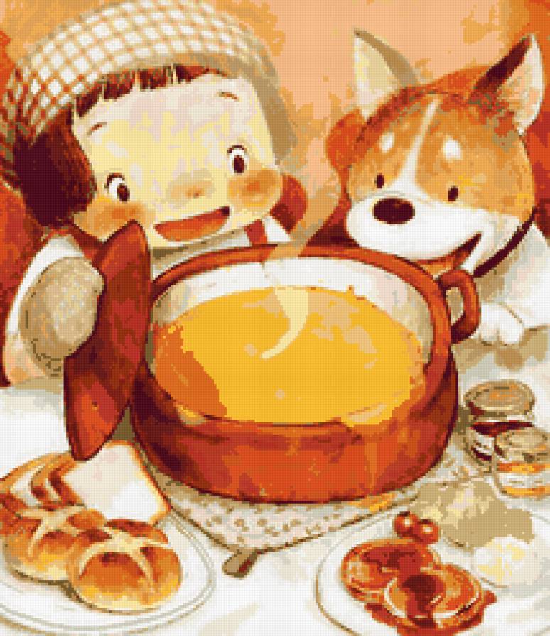 Трапеза - суп, собака, пес, кастрюля, друзья, двое, продукты, еда, девочка - предпросмотр