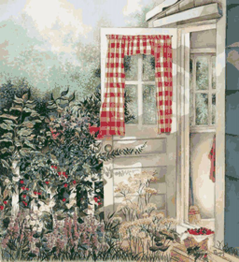 У двери - занавески, растения, дача, дверь, дом, вход, порог - предпросмотр