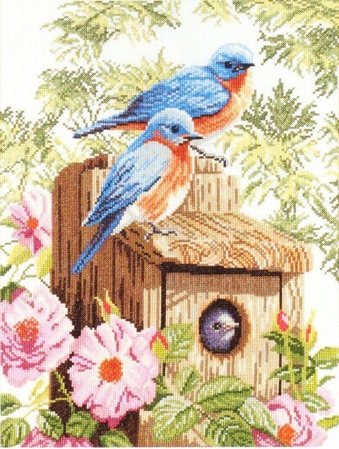 Птичья семья - цветы, гнездо, птицы, дерево, птенец - оригинал