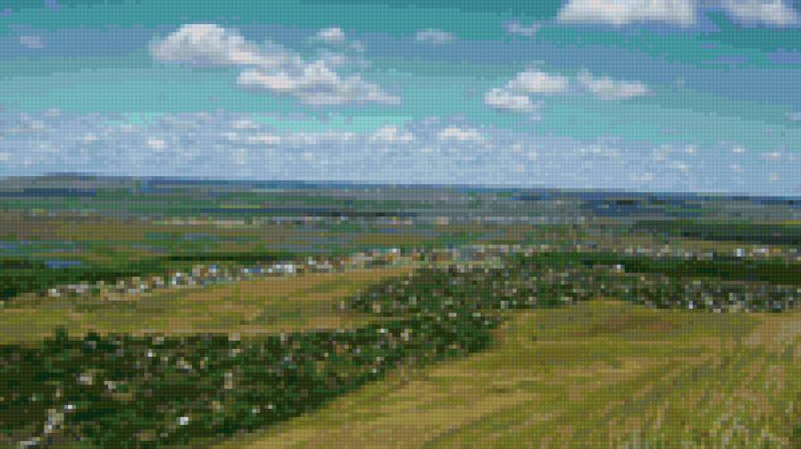 мое родное... - небо, родная сторона, вид с горы, гора, облака, поселок, река - предпросмотр