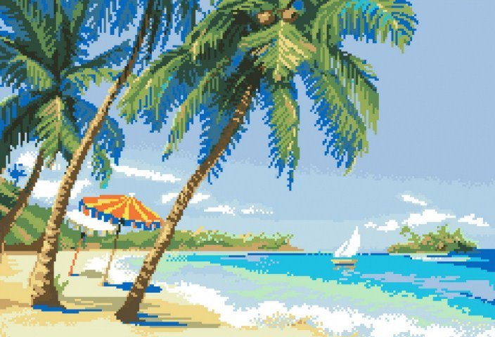 Пляж на островах - берег, море, пляж, парусник, пальмы - оригинал