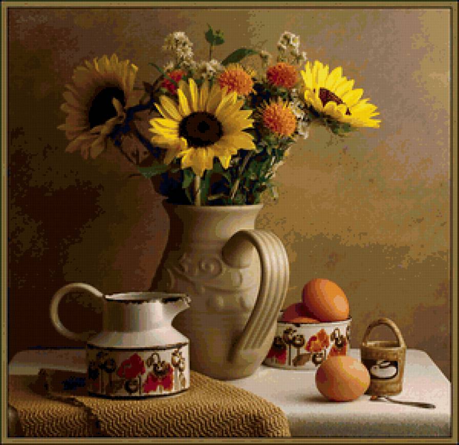 натюрморт - салфетка, подсолнухи - предпросмотр