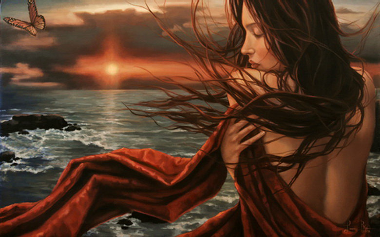 женские образы - закат, море, портрет, девушки - оригинал