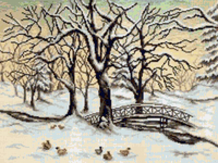 Зимний парк - природа, зимний пейзаж, парк, уточки, снег, зима, мостик - предпросмотр