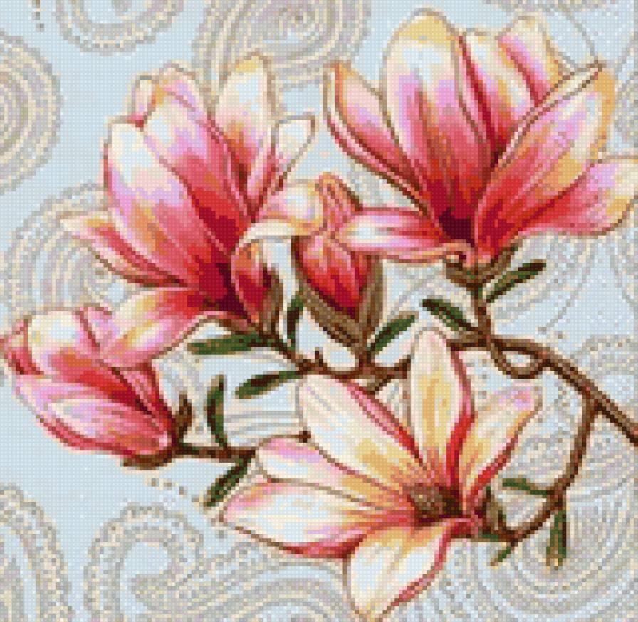 Магнолия - цветы, магнолия, узоры, подушка, тропические цветы - предпросмотр