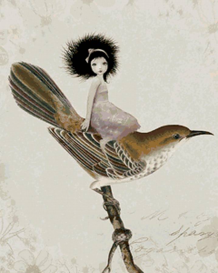 Девочка на птице - ребенок, ветка, девочка, птица, надпись, дитя, слова - предпросмотр