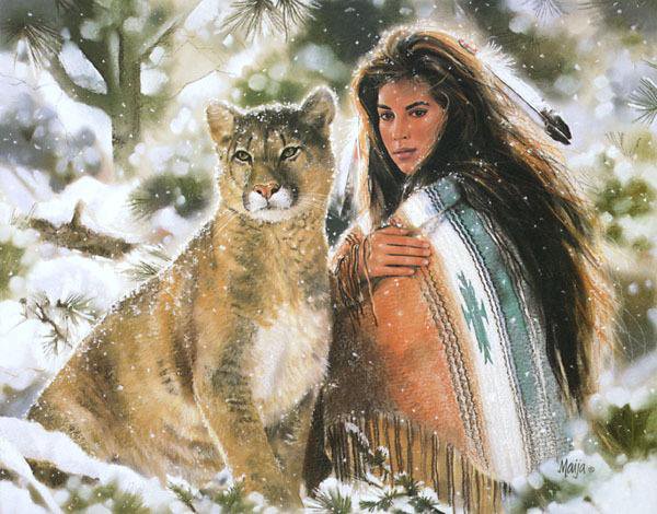 девушка с пумай - индейцы, девушка и дикие кошки, в лесу - оригинал
