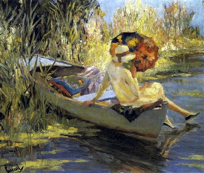 в лодке - девушка, пейзаж, люди, живопись, река, картина, лодка - оригинал