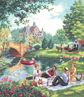 Пикник у озера - замок, природа, озеро, люди, пикник, пейзаж - оригинал