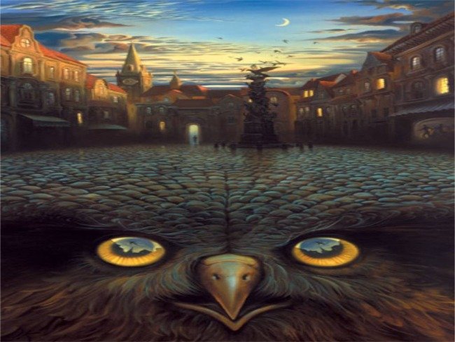 ДалИ - птица, глаза, ночное небо, замок, домики - оригинал