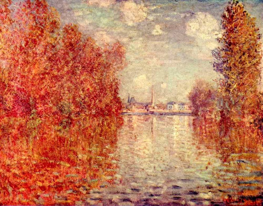 Клод Монэ Осенняя река - пейзаж, домики, небо, деревья., осень, природа, вода, замок - оригинал