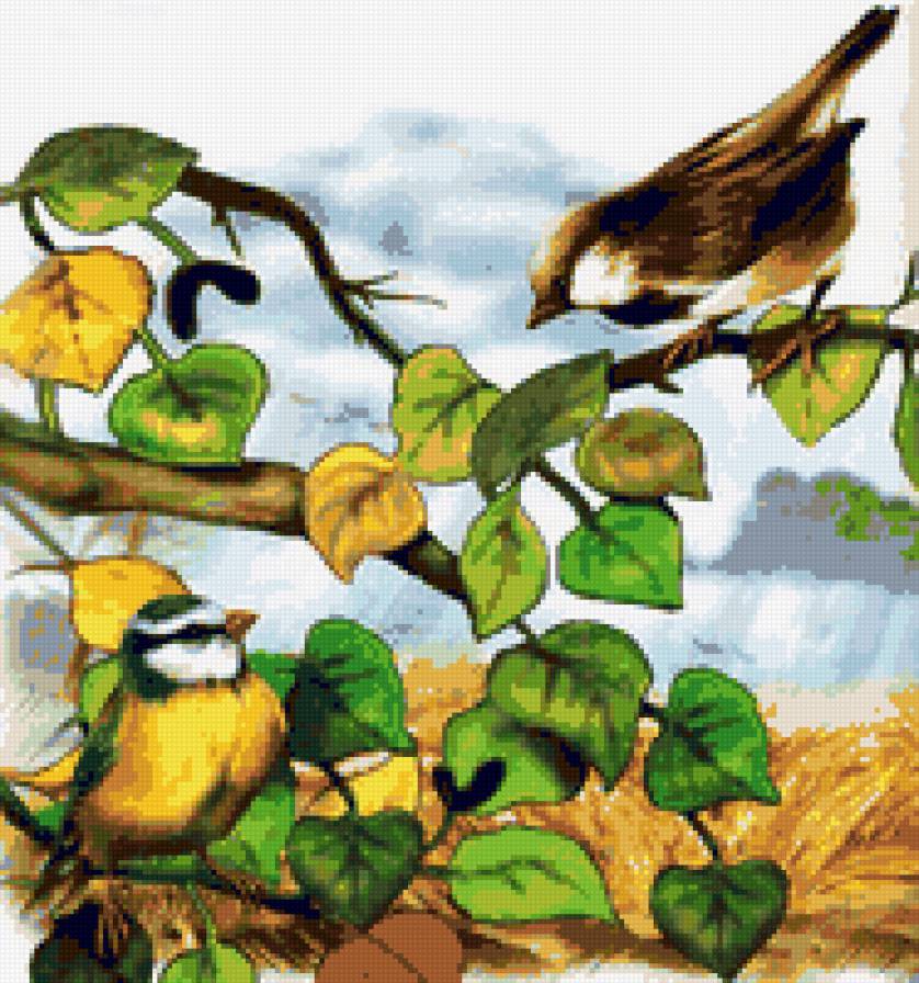 Птички - птички, осень, птицы, синичка, иллюстрации, природа, дерево - предпросмотр