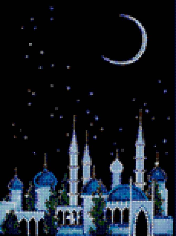 Восточная картина - город, звезды, на черной канве, мечеть, купола, восток - предпросмотр