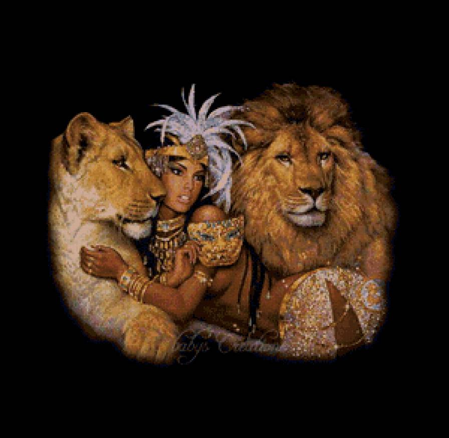 Девушка и львы - живопись, девушка, животные, львы - предпросмотр