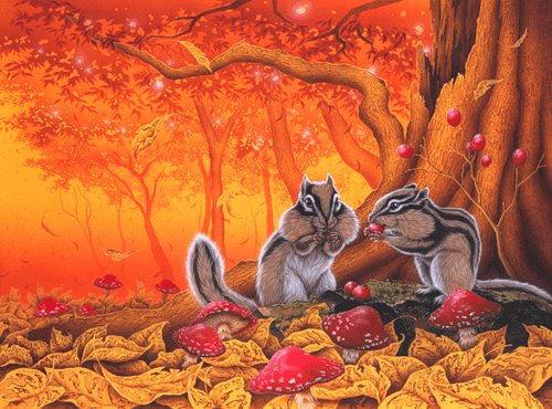 Осенний пейзаж с бурундуками - бурундуки, пейзаж, лес, животные, осень - оригинал