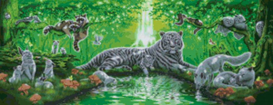 Таёжные звери - птицы, тигры, еноты, пейзаж, совы, река, животные - предпросмотр