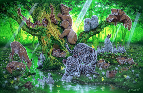 Лесные обитатели - тигры, животные, пейзаж, зайцы, медведи - оригинал