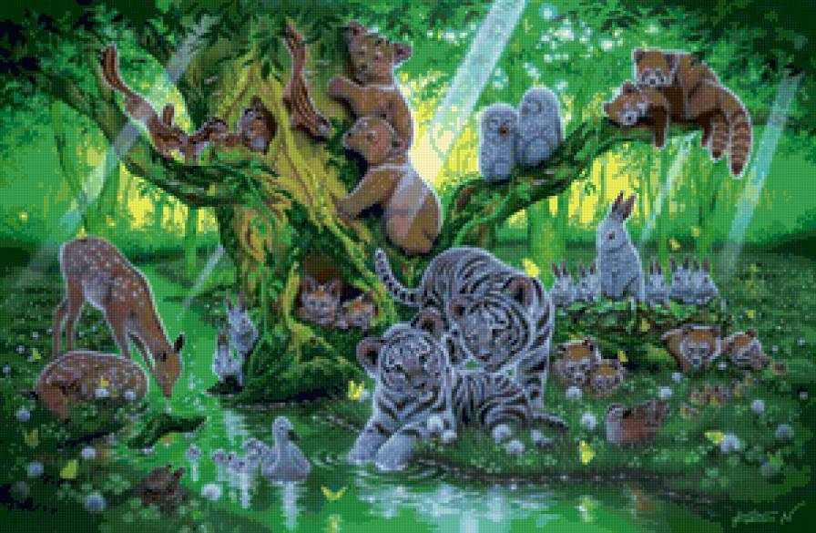 Лесные обитатели - тигры, медведи, животные, пейзаж, зайцы - предпросмотр
