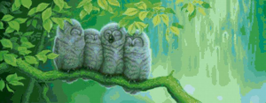 Маленькие совы - филины, птицы, совы, водопад, пейзаж - предпросмотр