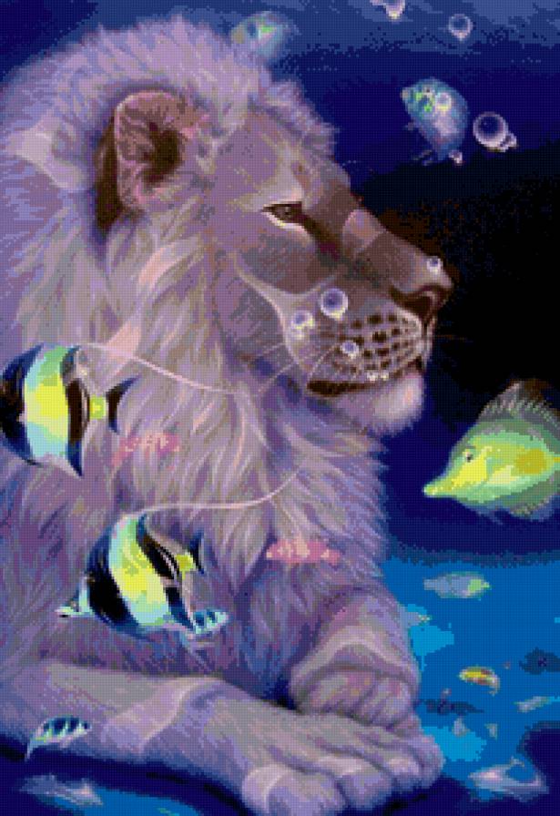 Фантазия со львом - животные, львы, рыбы - предпросмотр