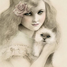 Оригинал схемы вышивки «девочка и котенок» (№50137)
