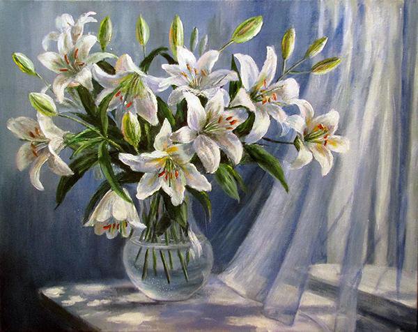 белые лилии - лилии, живопись, цветы - оригинал