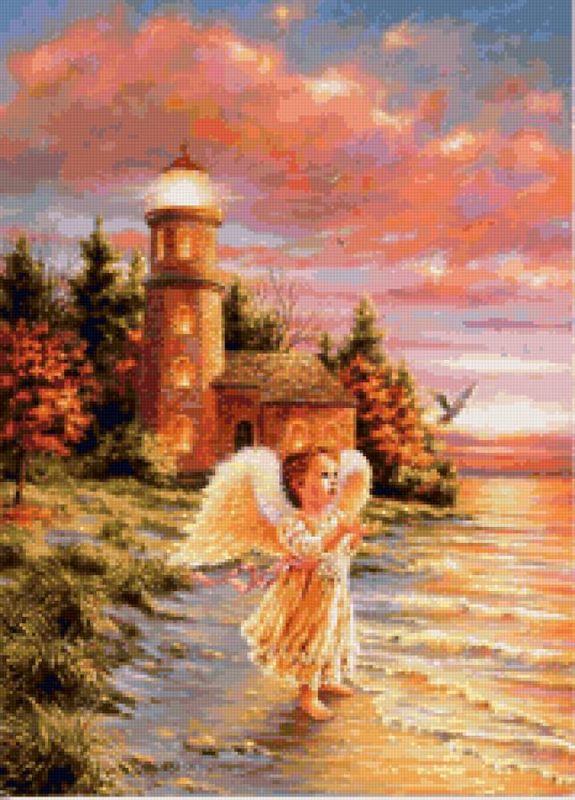 Ангелочек - маяк, пейзаж, ангелы, море, живопись - предпросмотр