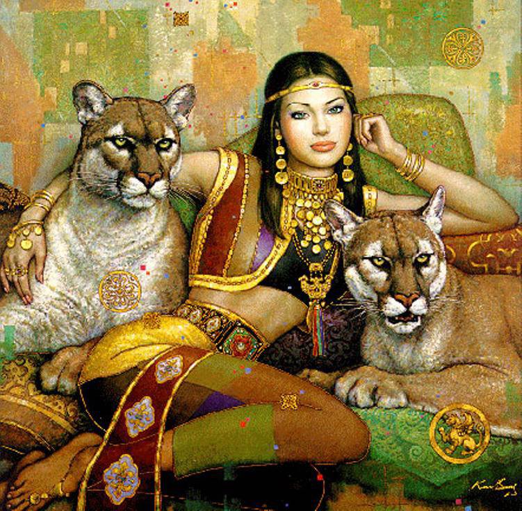 девушка с пумай - египет, девушка и дикие кошки - оригинал