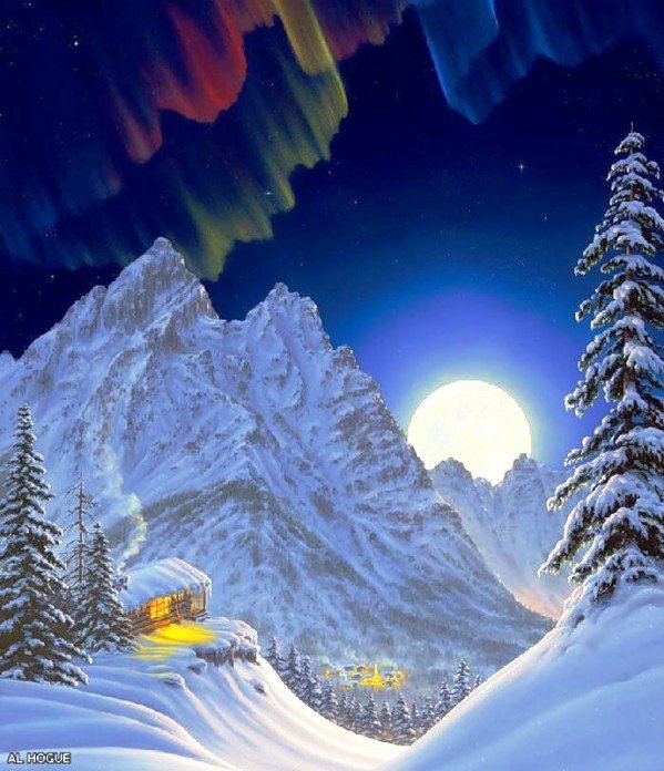В горах - красота природы, снег, горы, природа, небо, луна, домик, пейзаж - оригинал