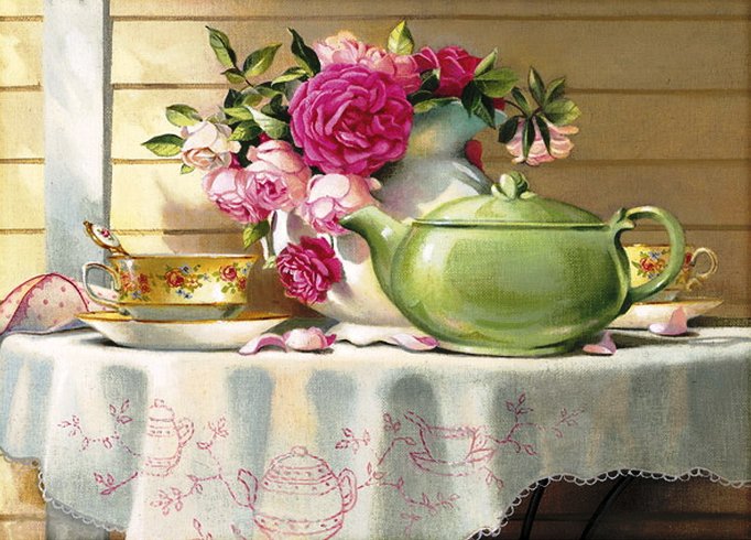Украшение для кухни - букет, чайник, цветы, чаепитие, натюрморт, посуда, для кухни - оригинал